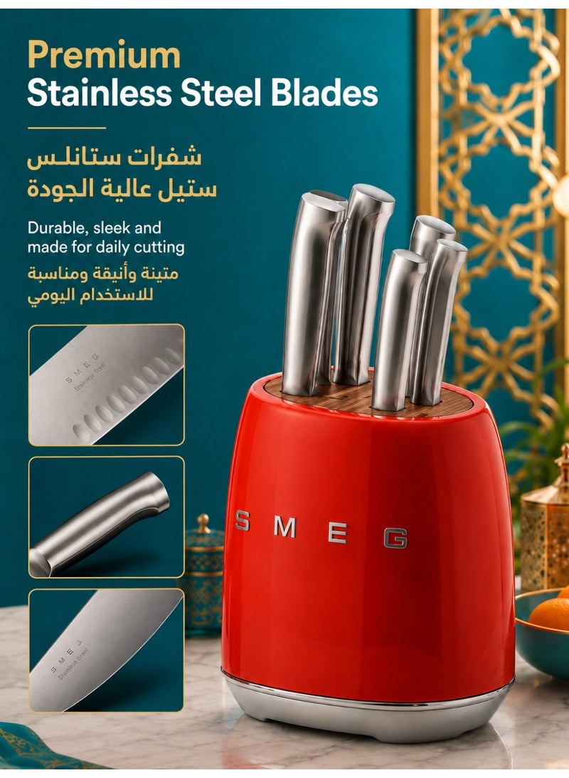 سميج طقم 6 سكاكين مطبخ من الستانلس ستيل مع حامل من خشب الأكاسيا، سكين شيف وسانتوكو وخبز ولحم ومتعددة الاستخدام وخضروات، مقابض معدنية مريحة، أحمر - Image 3