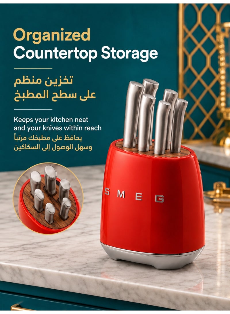 سميج طقم 6 سكاكين مطبخ من الستانلس ستيل مع حامل من خشب الأكاسيا، سكين شيف وسانتوكو وخبز ولحم ومتعددة الاستخدام وخضروات، مقابض معدنية مريحة، أحمر - Image 5