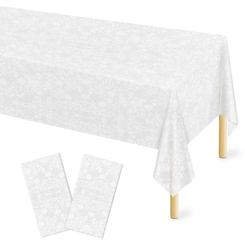 Mulbozy 2 Pcs Plastic Lace Tablecloth, Disposable White Transparent Table Cloth, 54 X 108 Inch Lace Tablecover Rectangular for Wedding Party, Bridal Shower, Baby Shower Reception Table Decoration - Image 1