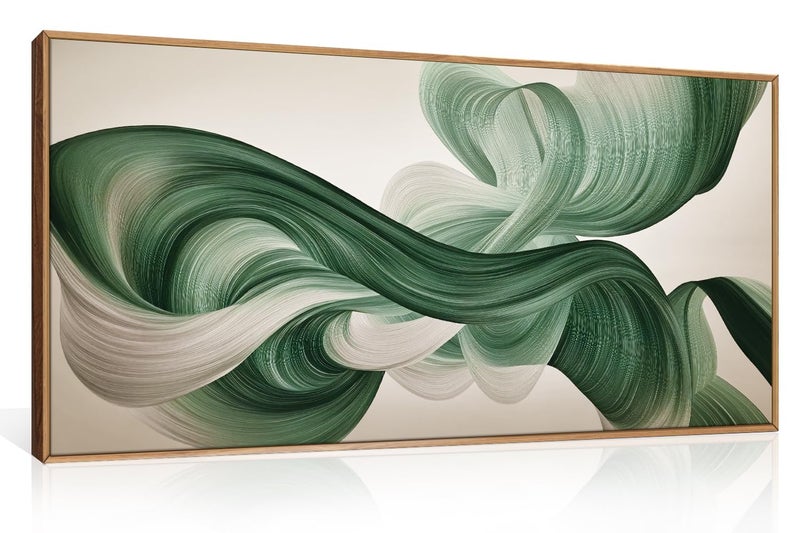 KAIRNE Green Abstract Neutral Wall Art Set, Minimalist Green Lines Wall Decor, Modern Flowing Texture Painting for Living Room, Bedroom, Office, Framed Easy to Hang 20x40 Inches - Image 1