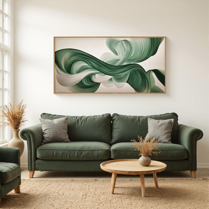 KAIRNE Green Abstract Neutral Wall Art Set, Minimalist Green Lines Wall Decor, Modern Flowing Texture Painting for Living Room, Bedroom, Office, Framed Easy to Hang 20x40 Inches - Image 2
