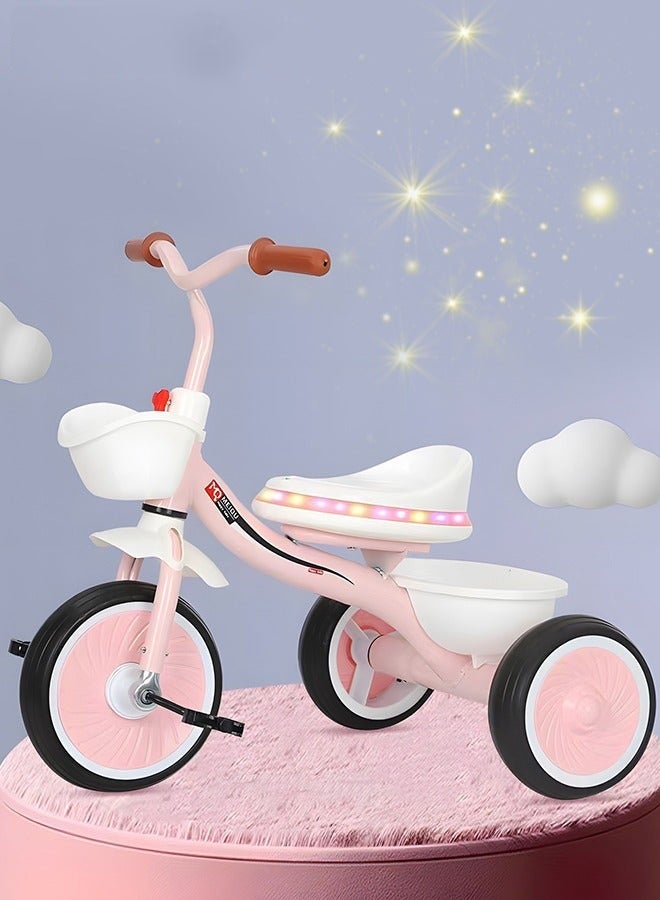 Tricycle for Kids with Music and Lights, 3 Quiet Wheels, Storage Basket, Pedals, Ideal Outdoor Ride-on Bike Gift. Suitable for Various Roads.