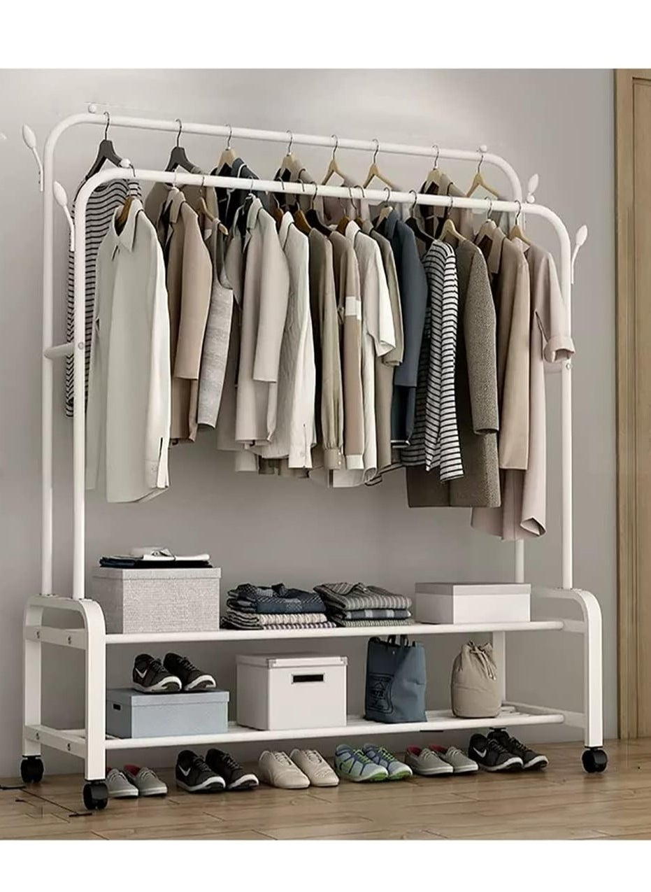 ALMUFARREJ Metal Clothes Hanger Organizer and White Clothes Stand with Wheels 110x55x150 cm 