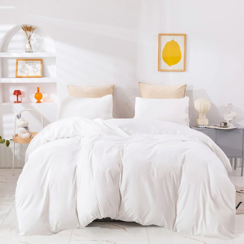 Wellboo Twin Size White Comforter Set Solid Cotton Quilt Modern Light Color Bedding Set