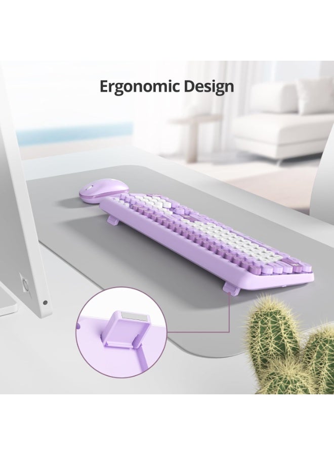 Wireless Keyboard and Mouse Combo – 2.4GHz Retro Typewriter Style with Round Keycaps, Full-Size Keyboard with Number Pad, Silent Keys – Purple