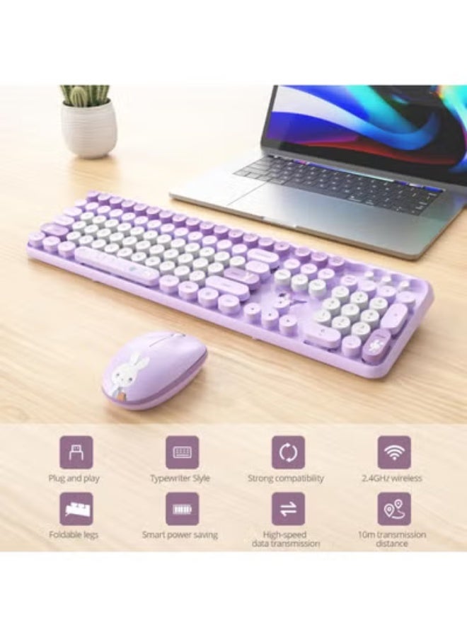 Wireless Keyboard and Mouse Combo – 2.4GHz Retro Typewriter Style with Round Keycaps, Full-Size Keyboard with Number Pad, Silent Keys – Purple