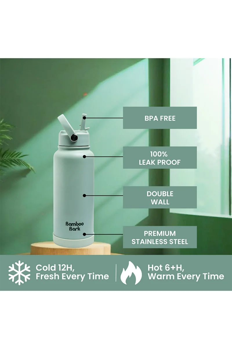 Bamboo Bark Bamboo Bark 1000 ML Insulated Water Bottle with Sipper Lid – Stainless Steel Double Wall Vacuum Flask for Hot & Cold Water Leak-Proof, Reusable Sports Thermos Bottle - (Dull Sage Green)
