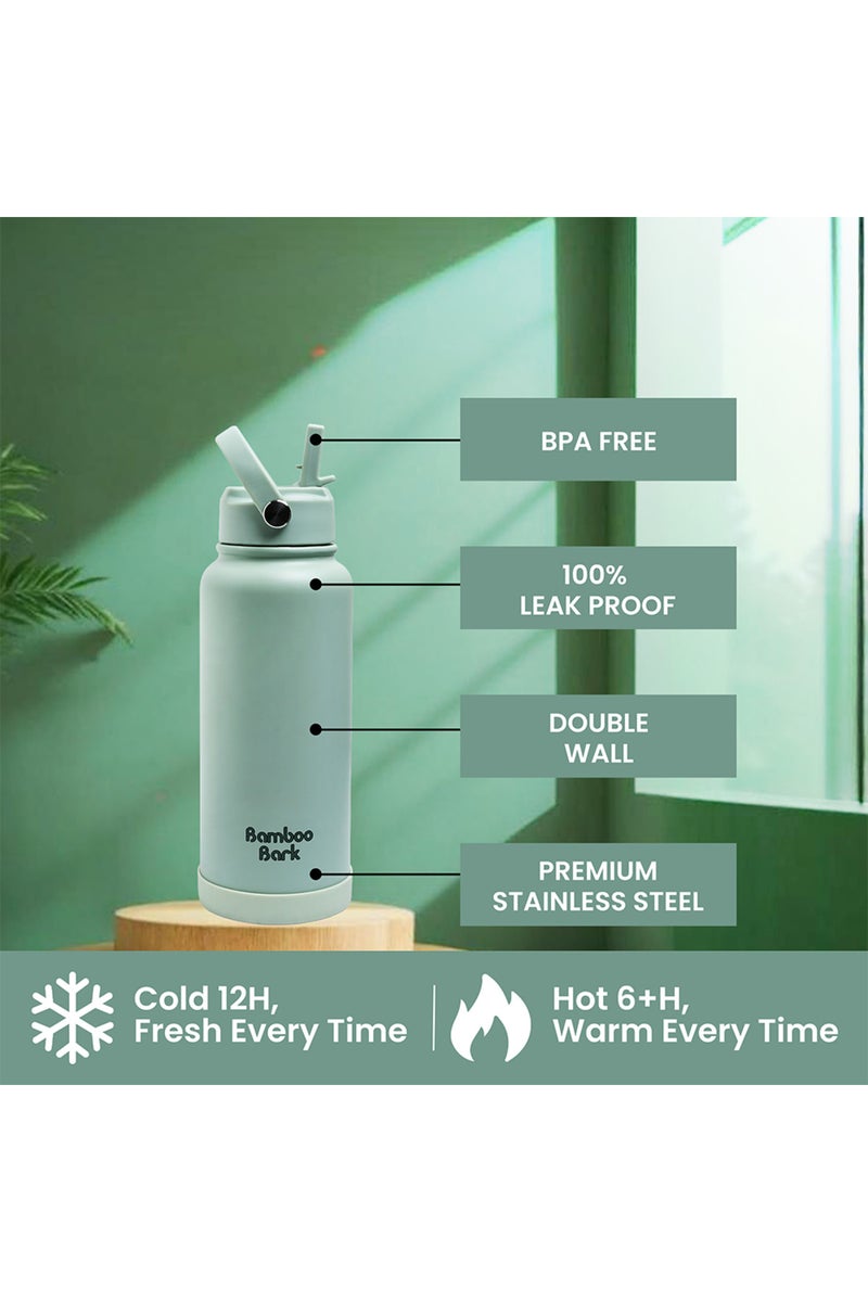 Bamboo Bark 1000 ML Insulated Water Bottle with Sipper Lid – Stainless Steel Double Wall Vacuum Flask for Hot & Cold Water Leak-Proof, Reusable Sports Thermos Bottle - (Dull Sage Green) - Image 2