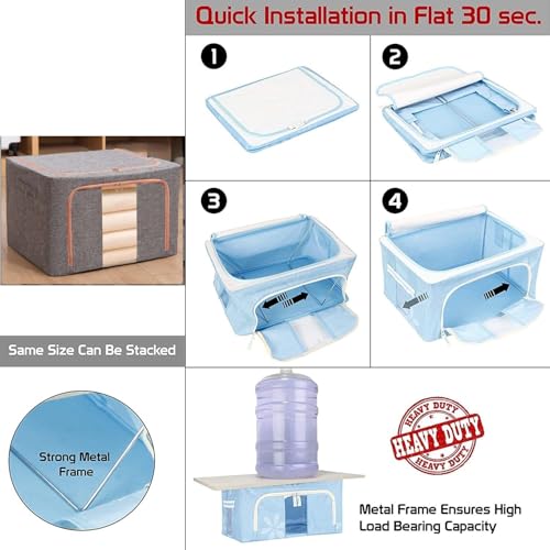 HAKKU Foldable 66L Cloth Storage Bags | Pack oF 1 | Organizer Container | Foldable Metal Frame Basket with Clear Window, Carry Handles & Sturdy Zipper for Closet (Light Grey, 66 Ltr - Pack of 1) - Image 3