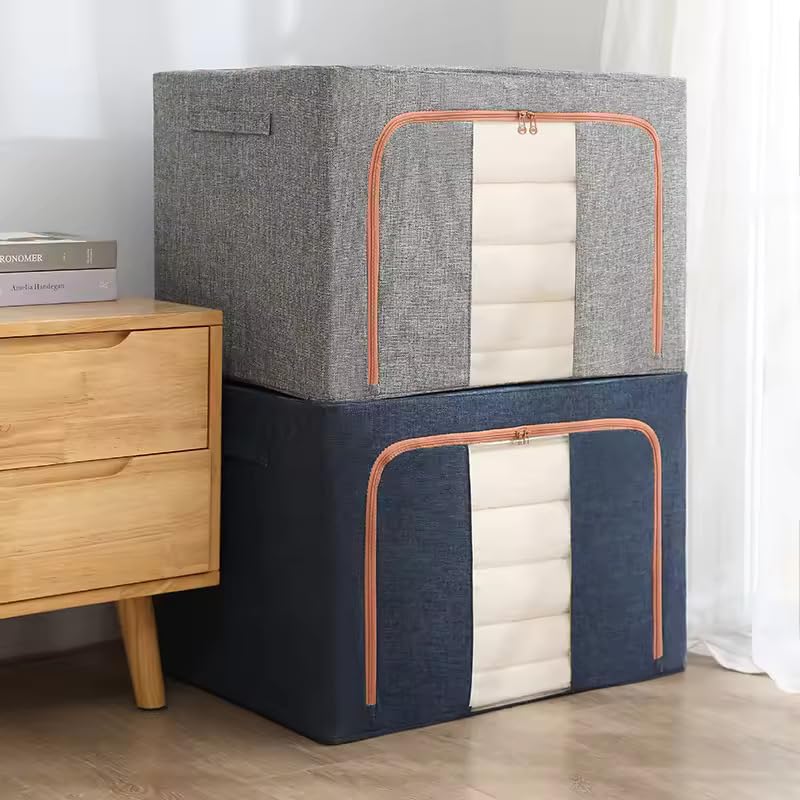 HAKKU Foldable 66L Cloth Storage Bags | Pack oF 1 | Organizer Container | Foldable Metal Frame Basket with Clear Window, Carry Handles & Sturdy Zipper for Closet (Light Grey, 66 Ltr - Pack of 1) - Image 5