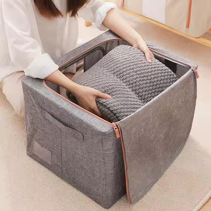 HAKKU Foldable 66L Cloth Storage Bags | Pack oF 1 | Organizer Container | Foldable Metal Frame Basket with Clear Window, Carry Handles & Sturdy Zipper for Closet (Light Grey, 66 Ltr - Pack of 1) - Image 2