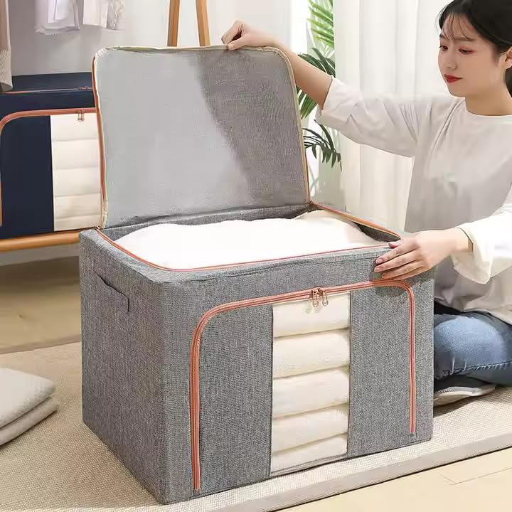 HAKKU Foldable 66L Cloth Storage Bags | Pack oF 1 | Organizer Container | Foldable Metal Frame Basket with Clear Window, Carry Handles & Sturdy Zipper for Closet (Light Grey, 66 Ltr - Pack of 1) - Image 4