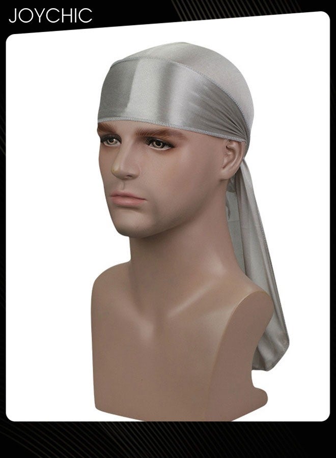 Joychic New Style Soild Pattern Silk Durag Satin for Men Pirate Caps Long Tail Decoration Head Wrap Elastic Beanie Hats Waves Hijab Grey - Image 2