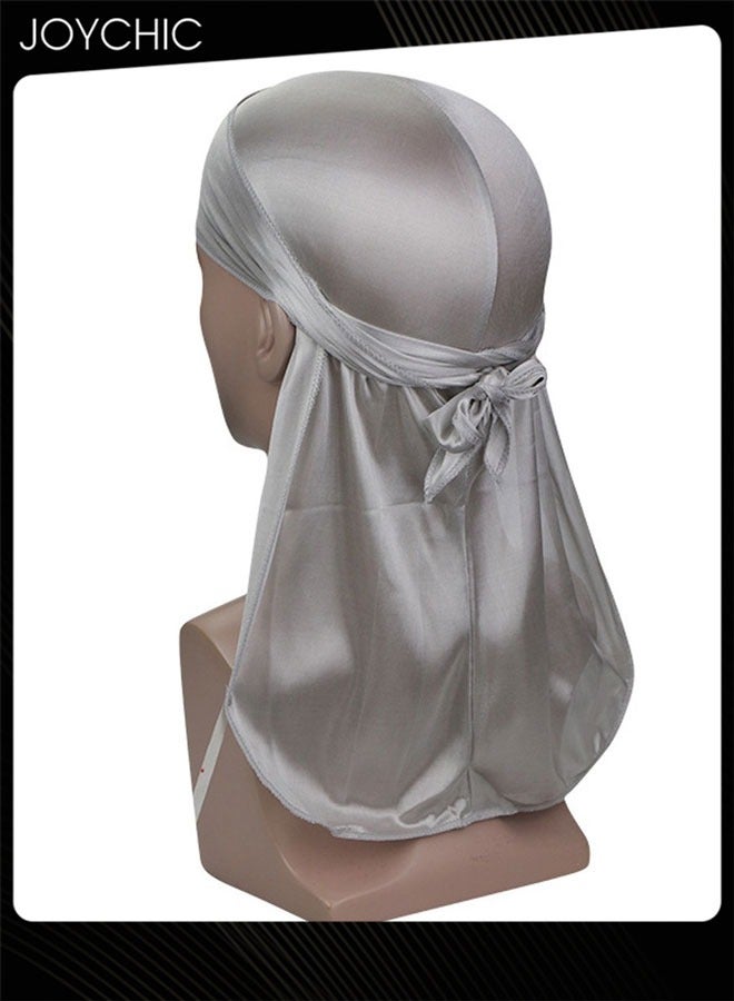 Joychic New Style Soild Pattern Silk Durag Satin for Men Pirate Caps Long Tail Decoration Head Wrap Elastic Beanie Hats Waves Hijab Grey - Image 1