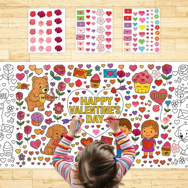 4E's Novelty 104 Pcs Giant Valentine Color Tablecloth Poster 30x72, with 103 Stickers, Huge DIY Valentines Day Coloring Table Coth Valentines Kids Party Games Activities Crafts for Kids Classroom - Image 1