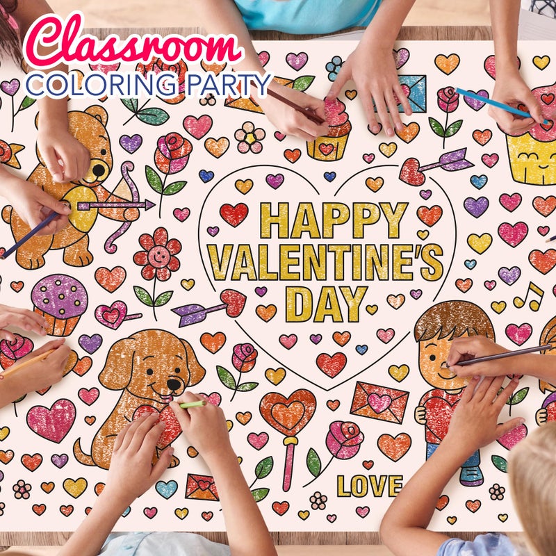 4E's Novelty 104 Pcs Giant Valentine Color Tablecloth Poster 30x72, with 103 Stickers, Huge DIY Valentines Day Coloring Table Coth Valentines Kids Party Games Activities Crafts for Kids Classroom - Image 5