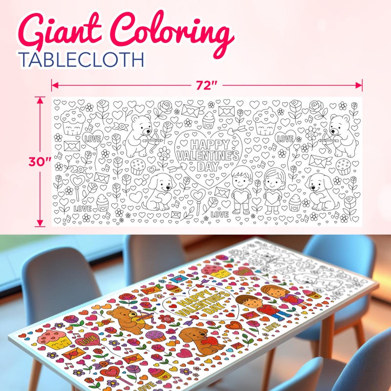 4E's Novelty 104 Pcs Giant Valentine Color Tablecloth Poster 30x72, with 103 Stickers, Huge DIY Valentines Day Coloring Table Coth Valentines Kids Party Games Activities Crafts for Kids Classroom - Image 4