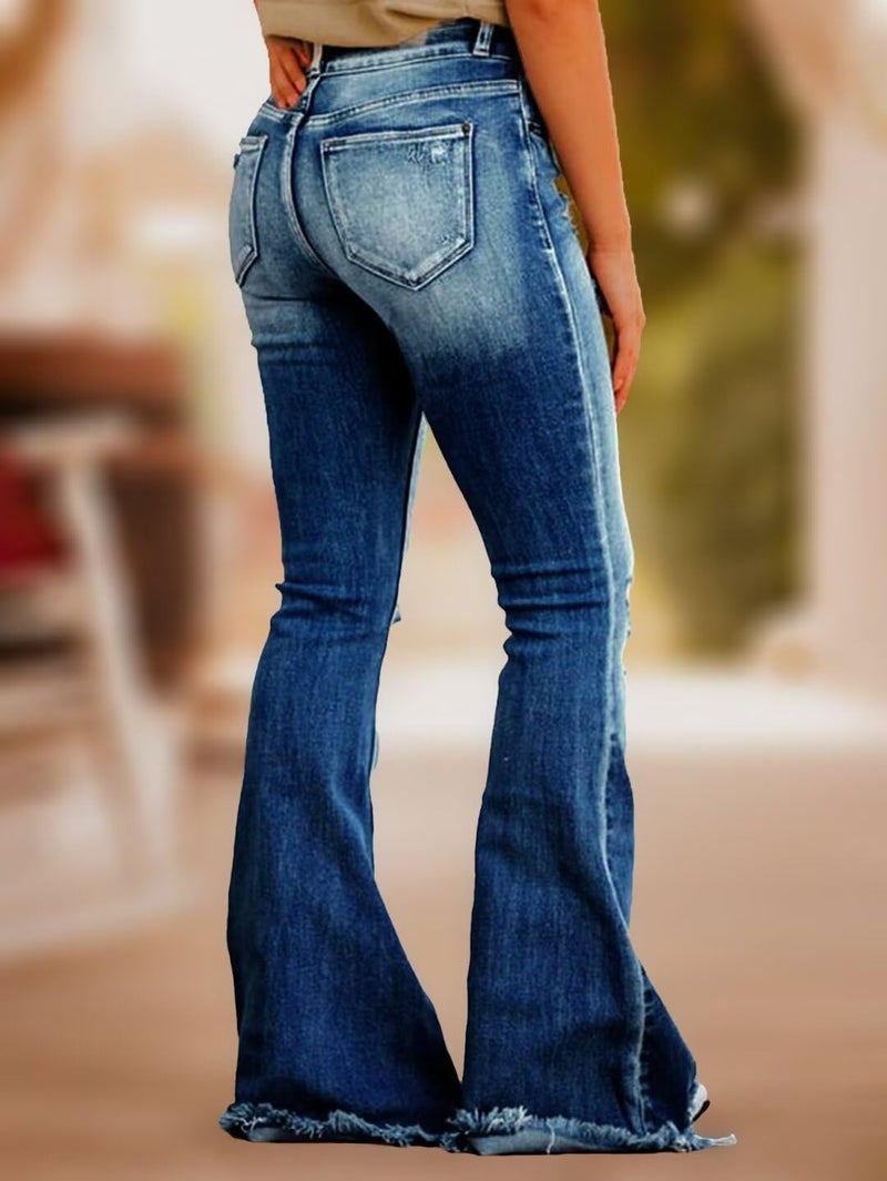 Flamingals Flare Bell Bottom Jeans for Women Raw Hem High Waist Navy Blue Large - Image 3