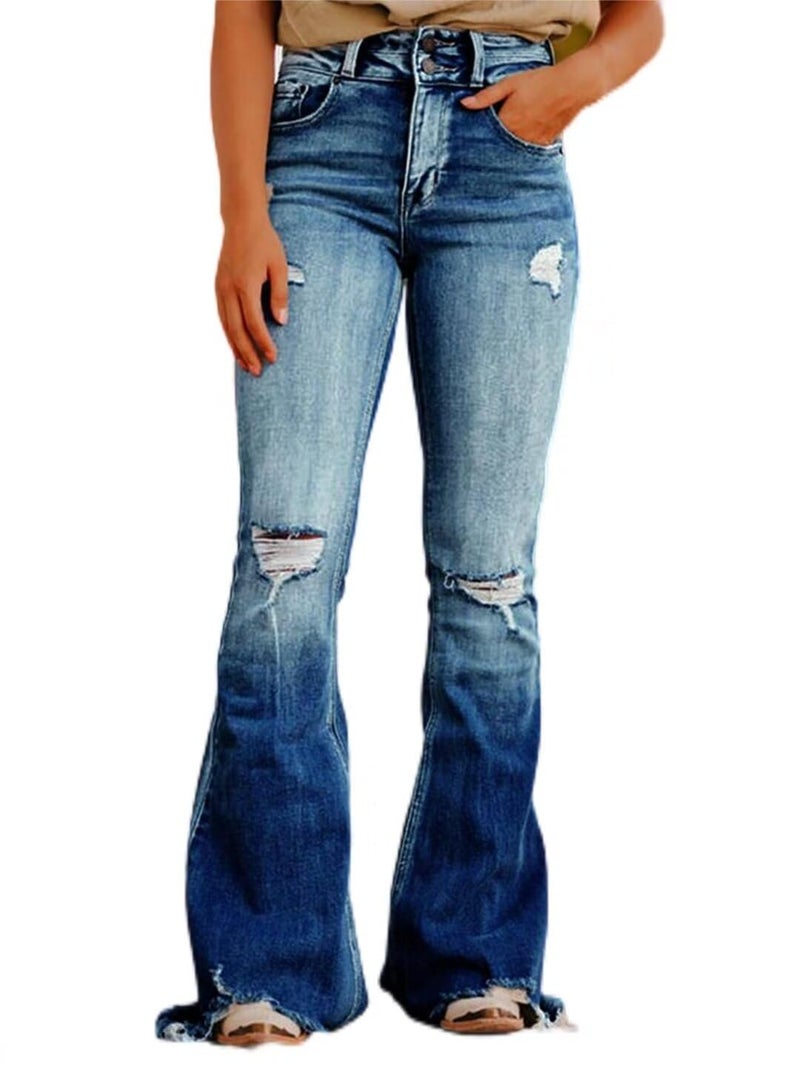 Flamingals Flare Bell Bottom Jeans for Women Raw Hem High Waist Navy Blue Large - Image 1