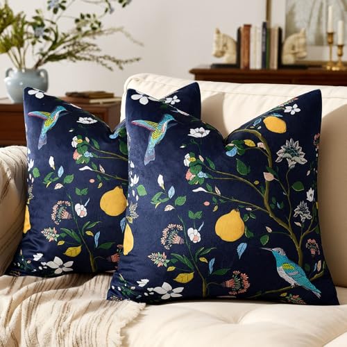 MUSSEL Navy Blue Floral Pillow Covers 18x18 Set of 2, Velvet Wild Flower Plant Throw Pillows Case, Square Farmhouse Decor Cushion Covers for Home Sofa Bed Couch - Image 1