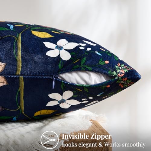 MUSSEL Navy Blue Floral Pillow Covers 18x18 Set of 2, Velvet Wild Flower Plant Throw Pillows Case, Square Farmhouse Decor Cushion Covers for Home Sofa Bed Couch - Image 5
