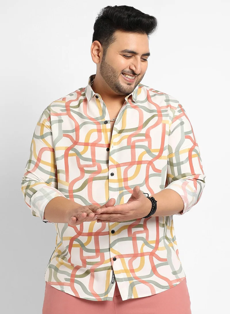 انستافاب بلس قميص رجالي متعدد الألوان بنقوش متدفقة من قطن السلب، بياقة ممتدة وأكمام طويلة، بأزرار، بقصة مريحة للارتداء اليومي