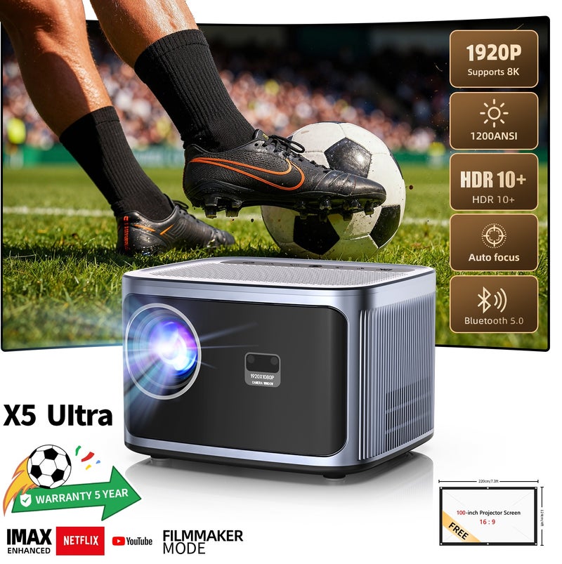 FINTEX X5 Ultra Projector 1080P HD 1200ANSI 21000Lumen Projector,8K Supported Portable Movie Projector-300” Display,Built-in Speaker, Auto Keystone,Auto Focus,Compatible with Smartphone/Tablet/Laptop/HDMI/USB-Ideal for Outdoor & Home Theater - Image 1