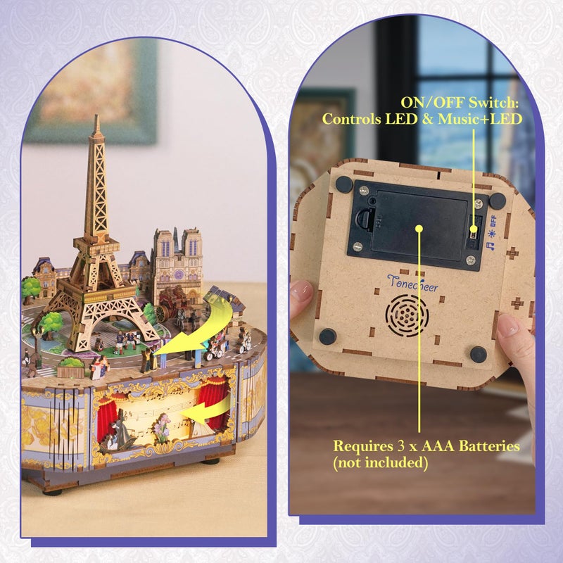 Tonecheer Wooden Music Box Puzzle for Adults, DIY Rotating Music Box Kit 3D Creative Musical Puzzle Crafts Model Building Kits Desk Decor Birthday (Romantic Paris) - Image 3