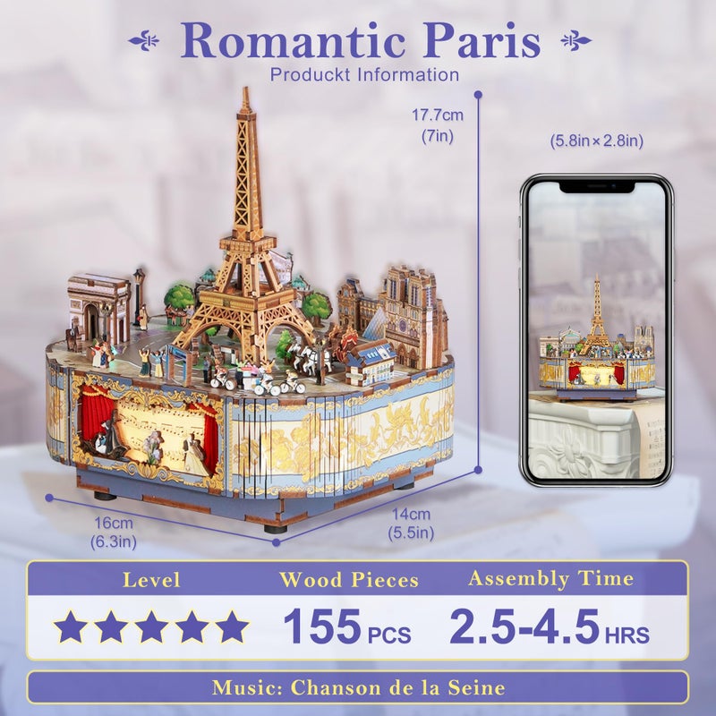 Tonecheer Wooden Music Box Puzzle for Adults, DIY Rotating Music Box Kit 3D Creative Musical Puzzle Crafts Model Building Kits Desk Decor Birthday (Romantic Paris) - Image 2