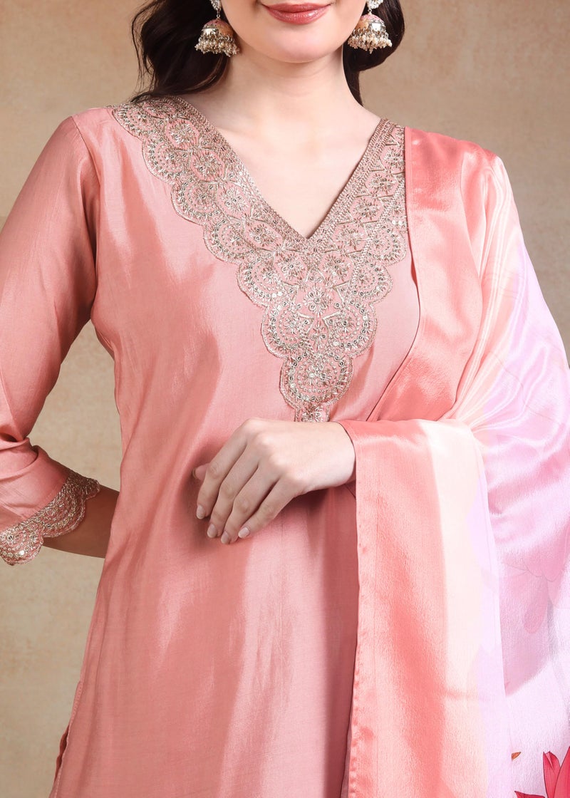 Memore Women's Silk Embroidered Kurta Pant Set with Digital Printed Dupatta V Neck 3/4 Sleeves Straight Calf Length and Solid Bottom One Side Pocket Elastic Waistband Pull On Closure | Peach_XL - Image 4