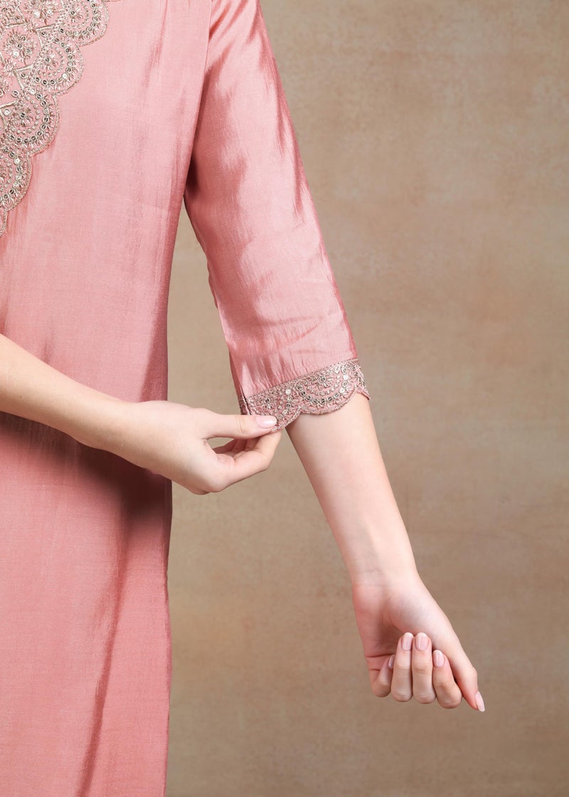 Memore Women's Silk Embroidered Kurta Pant Set with Digital Printed Dupatta V Neck 3/4 Sleeves Straight Calf Length and Solid Bottom One Side Pocket Elastic Waistband Pull On Closure | Peach_XL - Image 5