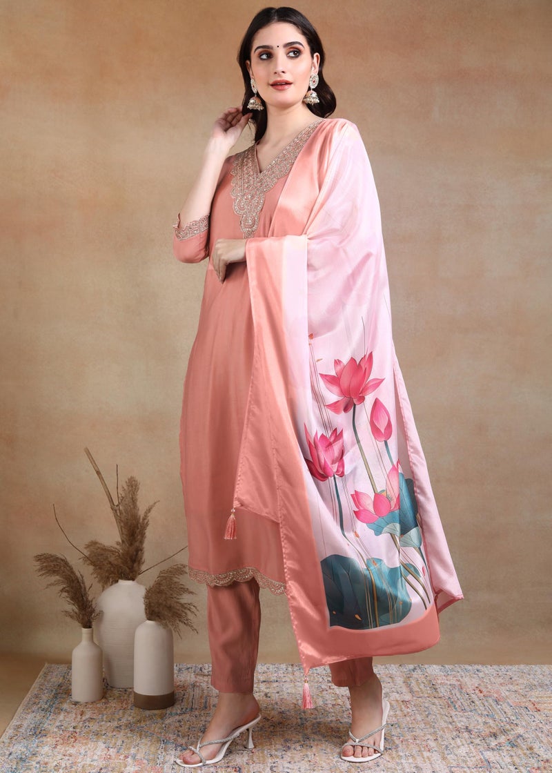 Memore Women's Silk Embroidered Kurta Pant Set with Digital Printed Dupatta V Neck 3/4 Sleeves Straight Calf Length and Solid Bottom One Side Pocket Elastic Waistband Pull On Closure | Peach_XL - Image 3