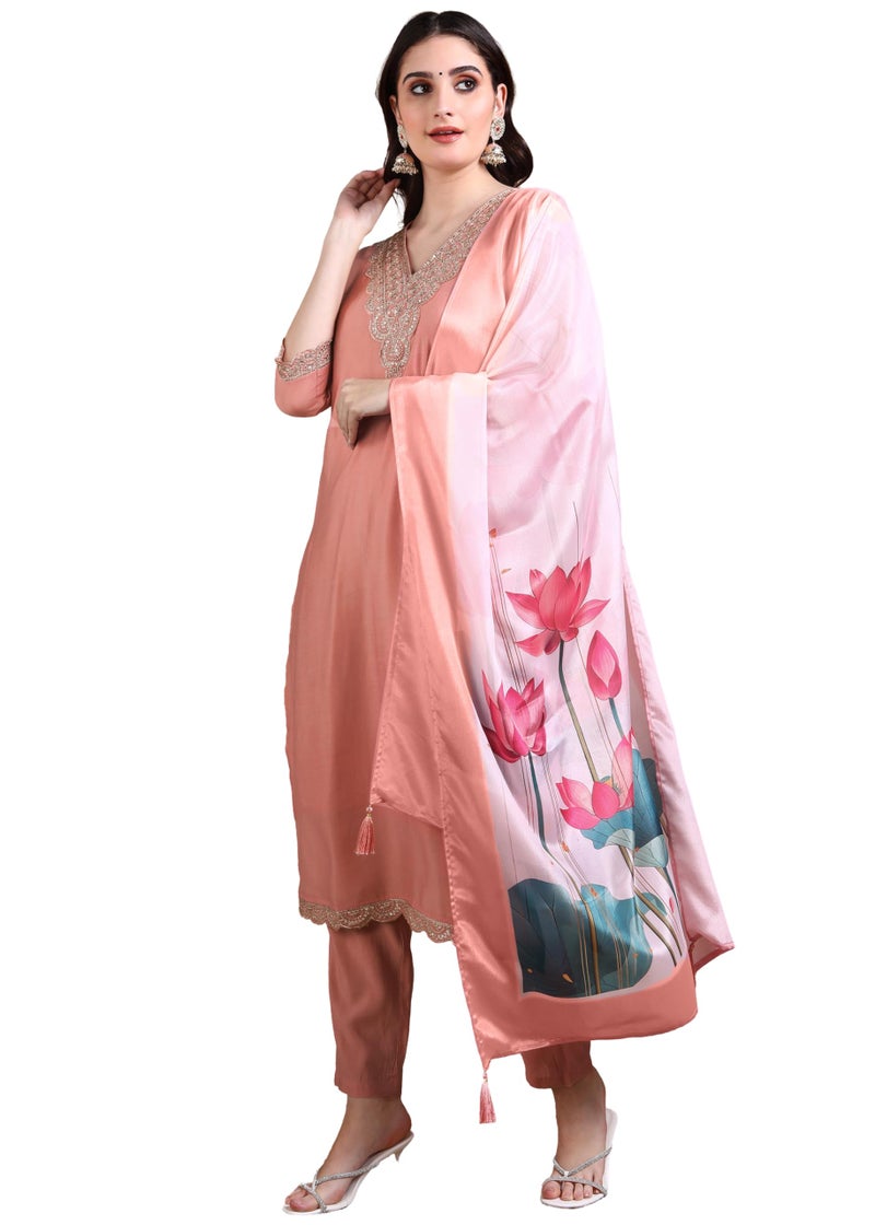 Memore Women's Silk Embroidered Kurta Pant Set with Digital Printed Dupatta V Neck 3/4 Sleeves Straight Calf Length and Solid Bottom One Side Pocket Elastic Waistband Pull On Closure | Peach_XL - Image 1