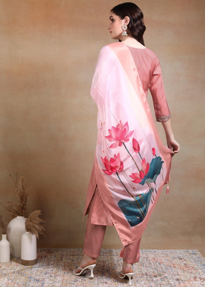 Memore Women's Silk Embroidered Kurta Pant Set with Digital Printed Dupatta V Neck 3/4 Sleeves Straight Calf Length and Solid Bottom One Side Pocket Elastic Waistband Pull On Closure | Peach_XL - Image 2