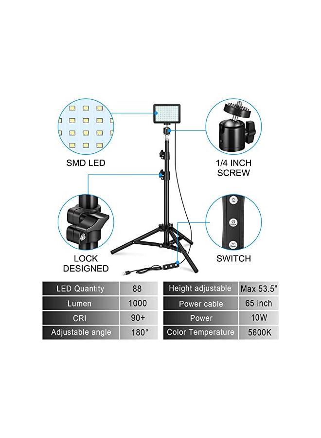 PROMASS ضوء فيديو 11 سطوع و 4 فلاتر ألوان قابلة للتعتيم إضاءة مستمرة للتصوير على الطاولة، حامل ثلاثي القوائم قابل للتعديل، ضوء ملء محمول USB لاستوديو التصوير - Image 3