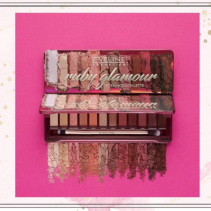 Eveline Cosmetics Ruby Glamour 12Color Eyeshadow Palette Inspired by Natures Gemstones 7 Matte 5 Metallic Shades with DualEnded Brush for Unlimited Makeup Looks