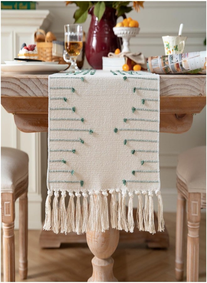 Caflife Boho Table Runner 13 x 72 Inch Long Natural Cotton Woven Runner with Tassels for Home Dining Table décor, for Modern Farmhouse Decor Coffee Table Runner, Green and Beige - Image 1