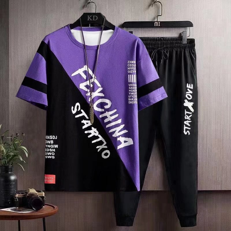 2024 Summer New Mens Short Sleeve T-shirt Loose Fit Top Trousers Mens Wear Trendy Brand Trendy Summer Suit Thin Purple Top Black Trousers 