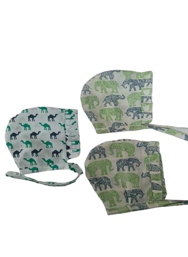 AGASTI New Born Infant Baby Soft Pure Cotton Caps with Tai Knot and Bonnet Infant Unisex Hat/Topi White Printed 100% Cotton caps with taing Knot dori Pack of 3 (3-6 Months, af5) - Image 1