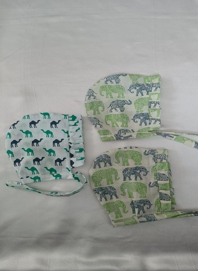 AGASTI New Born Infant Baby Soft Pure Cotton Caps with Tai Knot and Bonnet Infant Unisex Hat/Topi White Printed 100% Cotton caps with taing Knot dori Pack of 3 (3-6 Months, af5) - Image 2