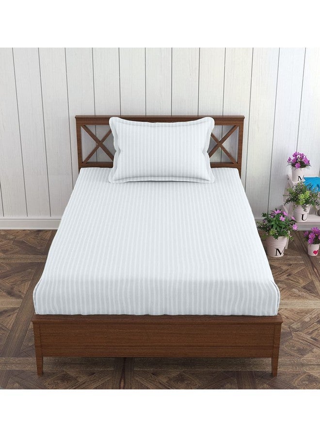 Trance Home Linen 100% Cotton 300Tc Satin Stripes Single Bed Sheet With 1 Pillow Cover - White, 300 tc