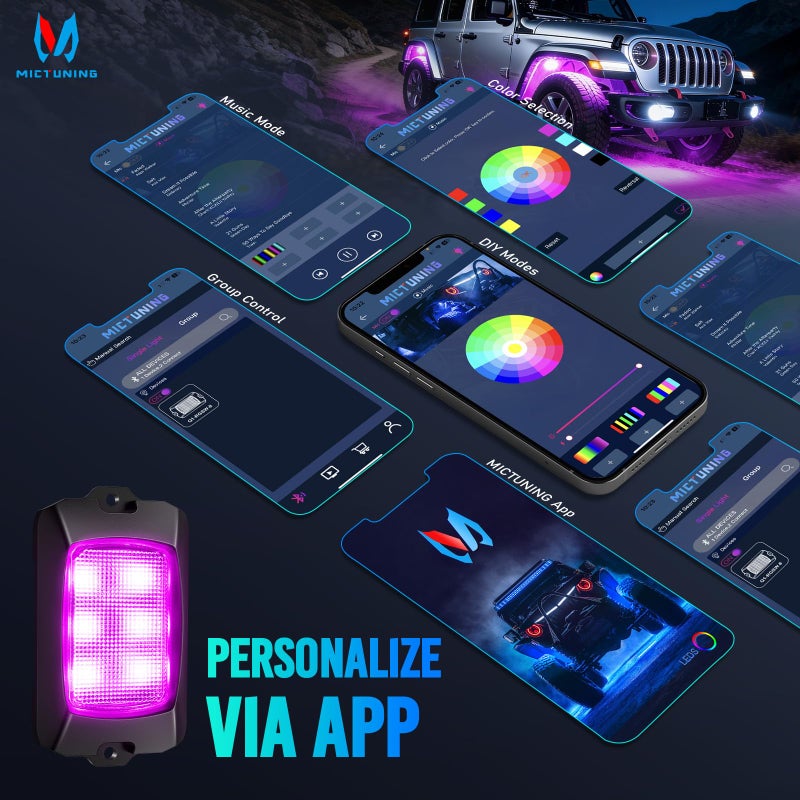 MICTUNING Q1 RGBW LED Rock Lights, APP & Remote Dual Control, 8 Pods Pure Color Underglow Neon Lighting with Wiring Switch Kit for Trucks Cars ATV UTV Golf Carts (2 Year Warranty) - Image 4