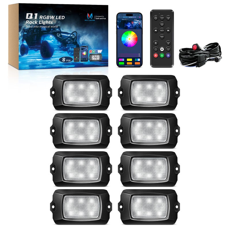 MICTUNING Q1 RGBW LED Rock Lights, APP & Remote Dual Control, 8 Pods Pure Color Underglow Neon Lighting with Wiring Switch Kit for Trucks Cars ATV UTV Golf Carts (2 Year Warranty) - Image 1