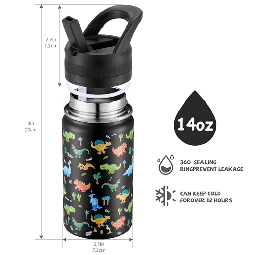 COKTIK 14 Oz Kids Water Bottle, Stainless Steel Water Bottle with Straws, Leak-Proof, BPA-Free, Insulated Water Bottles for School Boys & Girls|Black Dinosaur - Image 3