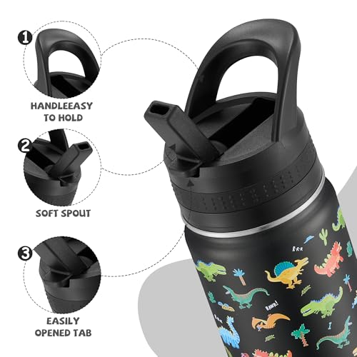 COKTIK 14 Oz Kids Water Bottle, Stainless Steel Water Bottle with Straws, Leak-Proof, BPA-Free, Insulated Water Bottles for School Boys & Girls|Black Dinosaur - Image 4