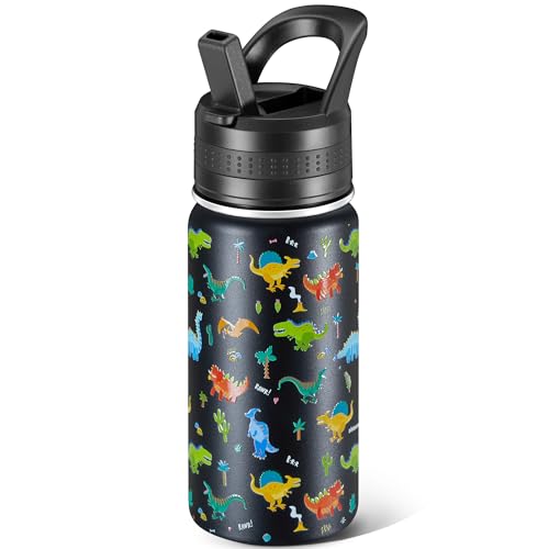 COKTIK 14 Oz Kids Water Bottle, Stainless Steel Water Bottle with Straws, Leak-Proof, BPA-Free, Insulated Water Bottles for School Boys & Girls|Black Dinosaur - Image 1