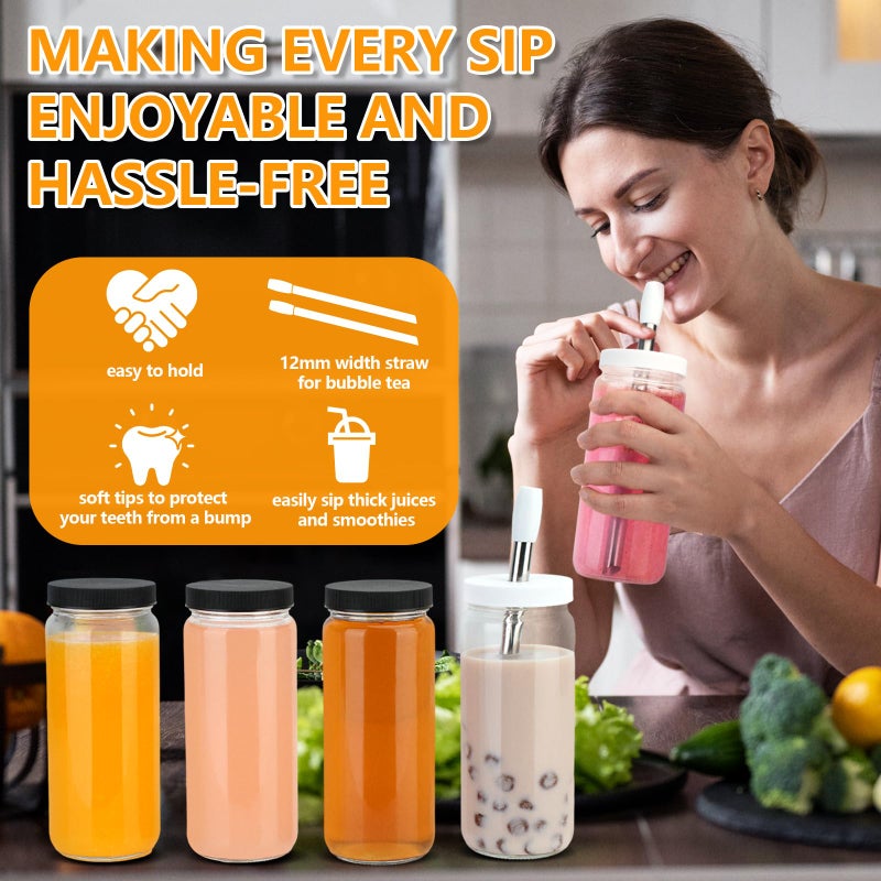 Zukro Glass Juice Bottles with Lids 16 oz| 8 Pack Wide Mouth Leak Proof Clear Reusable Drinking Jar Container With 2 Straws For Juicing, Smoothie, Water, Bubble Tea| BPA-Free & Airtight| - Image 2