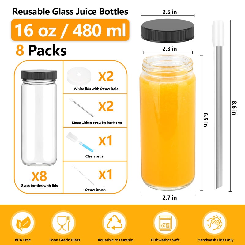 Zukro Glass Juice Bottles with Lids 16 oz| 8 Pack Wide Mouth Leak Proof Clear Reusable Drinking Jar Container With 2 Straws For Juicing, Smoothie, Water, Bubble Tea| BPA-Free & Airtight| - Image 5