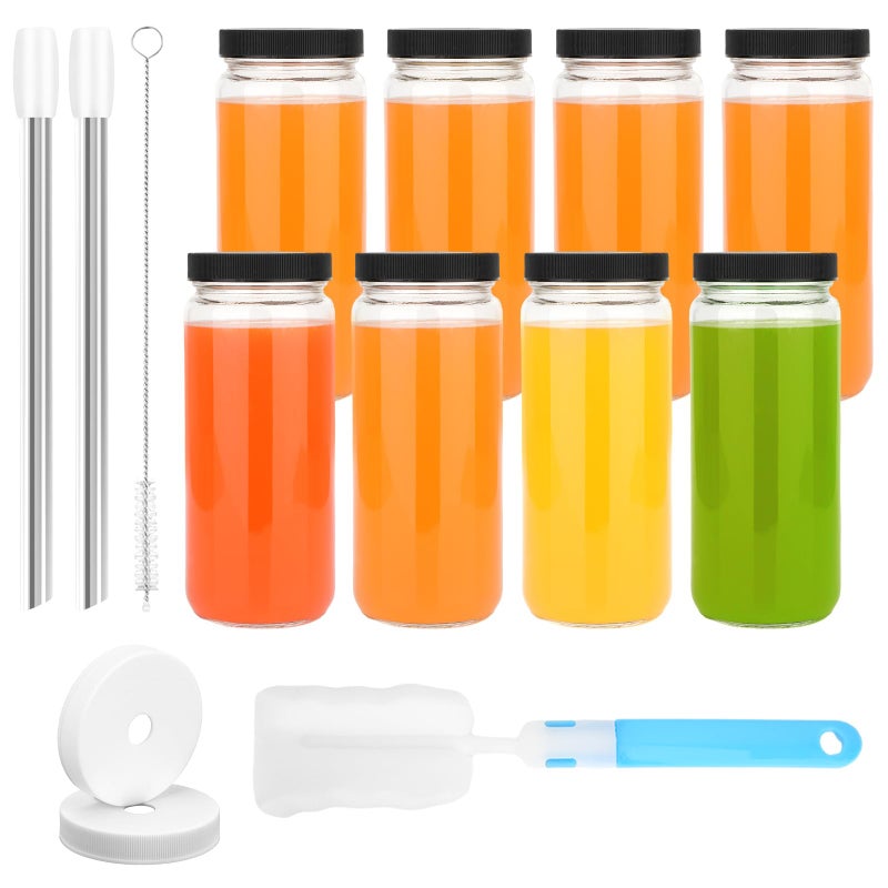 Zukro Glass Juice Bottles with Lids 16 oz| 8 Pack Wide Mouth Leak Proof Clear Reusable Drinking Jar Container With 2 Straws For Juicing, Smoothie, Water, Bubble Tea| BPA-Free & Airtight| - Image 1