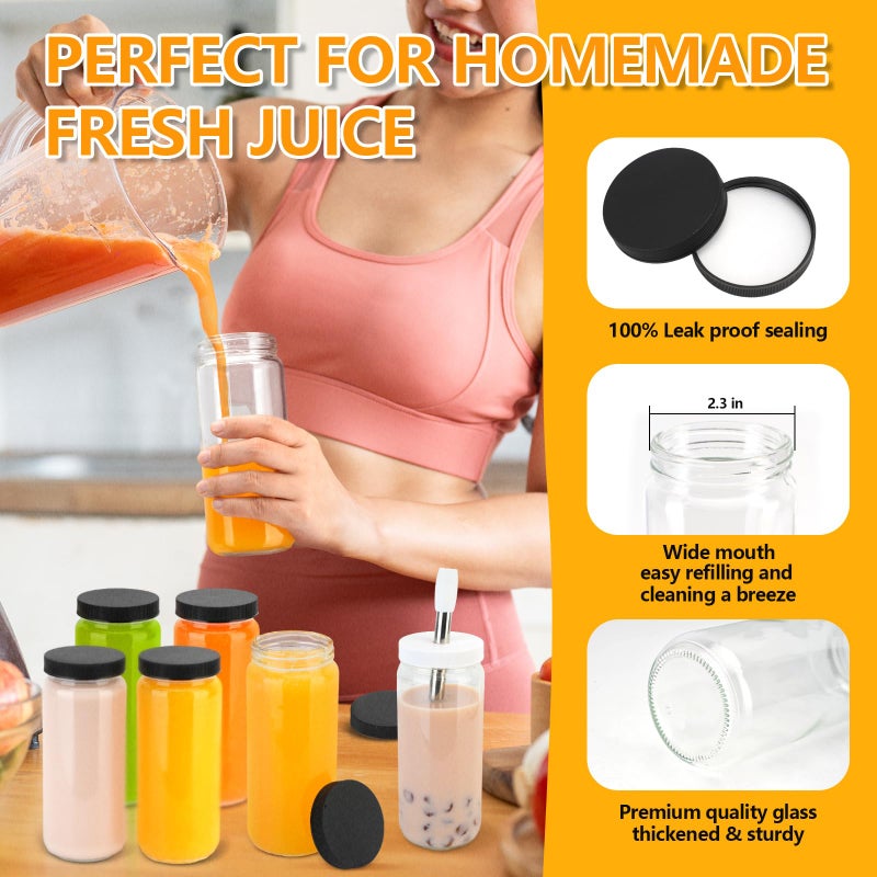 Zukro Glass Juice Bottles with Lids 16 oz| 8 Pack Wide Mouth Leak Proof Clear Reusable Drinking Jar Container With 2 Straws For Juicing, Smoothie, Water, Bubble Tea| BPA-Free & Airtight| - Image 4
